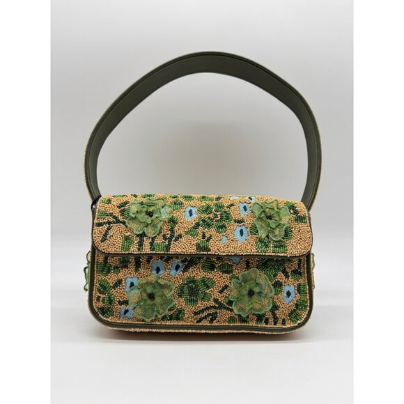 STAUD Tommy beaded floral shoulder bag + Dust bag Green Moss Tapestry - Picture 2 of 16
